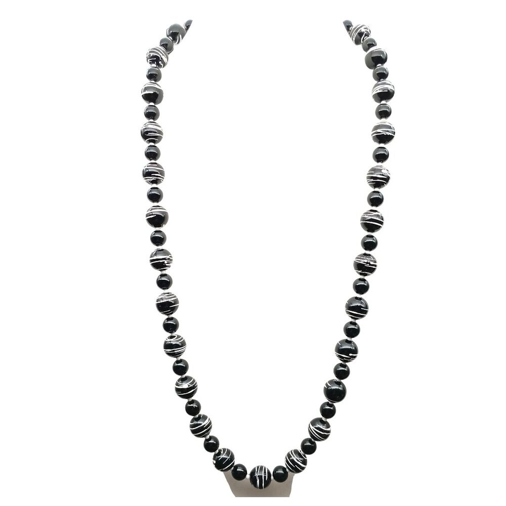 Splatter Paint Artsy Beaded Necklace, Long Vintage Lucite Strand in Black